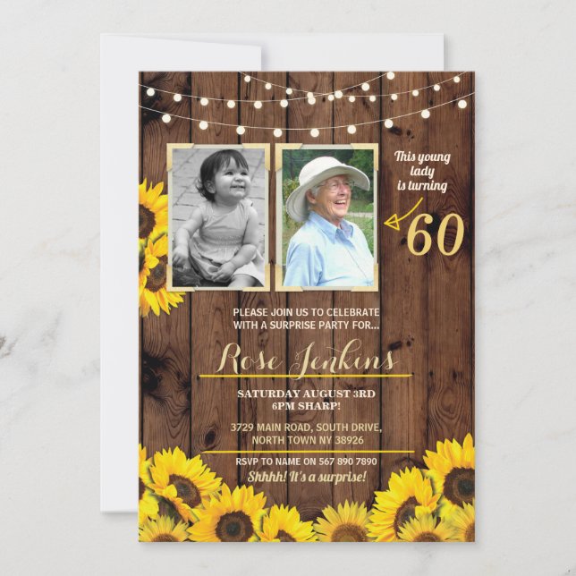 Photo Birthday Party Sunflower Wood 2 Pictures Invitation (Front)