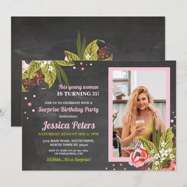 Photo Birthday Pink Floral Chalk Women Flowers Invitation (Front/Back)