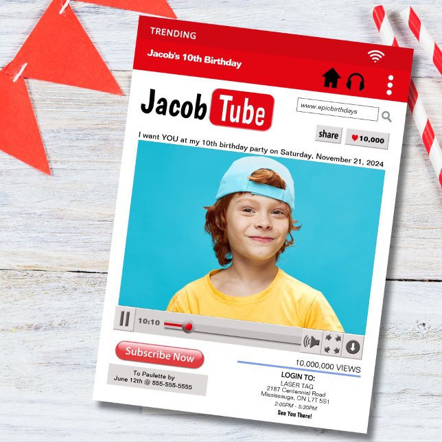Photo Birthday Tube Party Invitation (Become a social media star for the day with this Youtube inspired birthday invitation.)