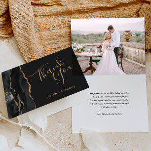 Photo Black Agate Gold Dark Wedding Thank You Card