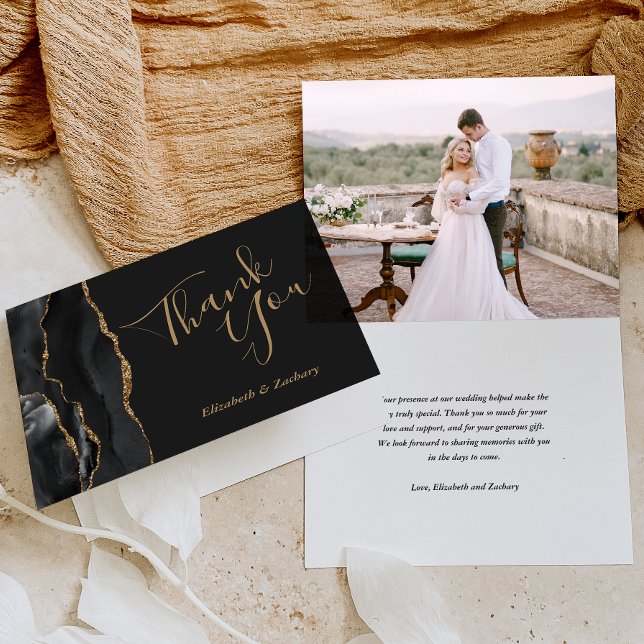 Photo Black Agate Gold Dark Wedding Thank You Card (Creator Uploaded)
