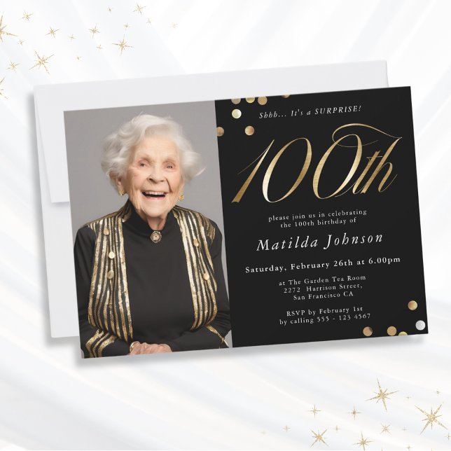 Photo Black and Gold 100th Birthday Surprise Party Invitation (Mockup View)