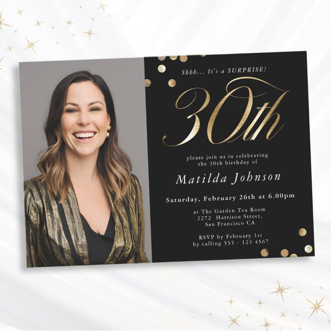 Photo Black and Gold 30th Birthday Surprise Party Invitation (Mockup View)