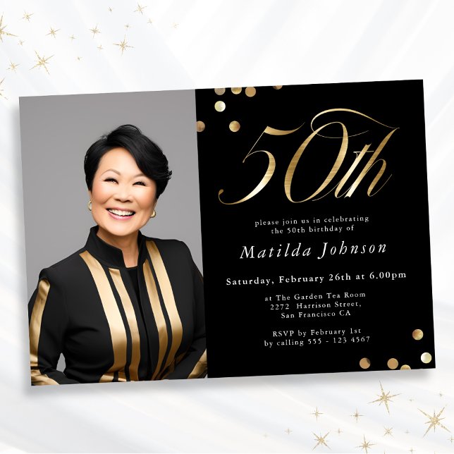 Photo Black and Gold 50th Birthday Invitation (Mockup View)