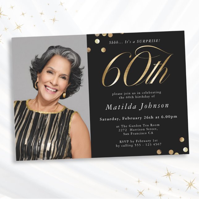 Photo Black and Gold 60th Birthday Surprise Party Invitation (Mockup View)