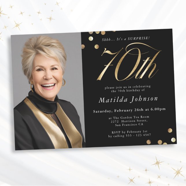 Photo Black and Gold 70th Birthday Surprise Party Invitation (Mockup View)