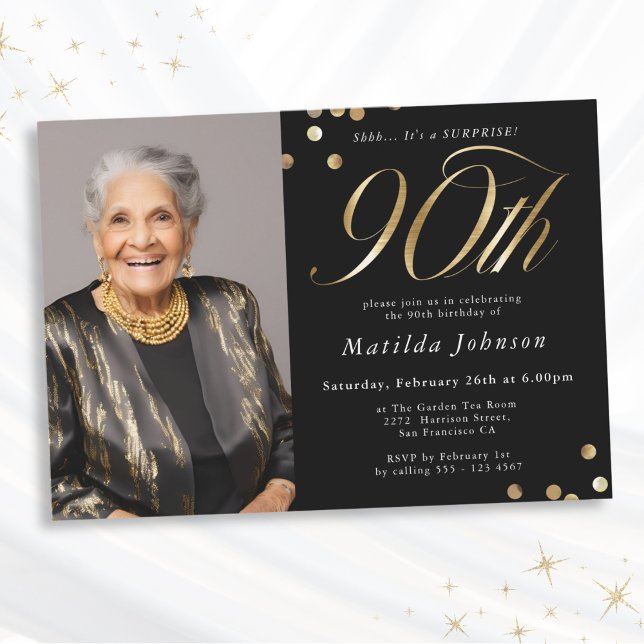 Photo Black and Gold 90th Birthday Surprise Party Invitation (Mockup View)