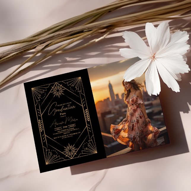 Photo  Black and Gold Art Deco Graduation Invitation (Creator Uploaded)