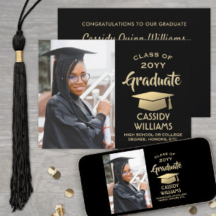 Photo Black and Gold Elegant Modern Graduation Invitation