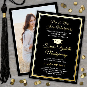 Photo Black and Gold Foil Graduation Announcement