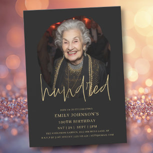 Photo Black and Gold Script 100th Birthday Invitation