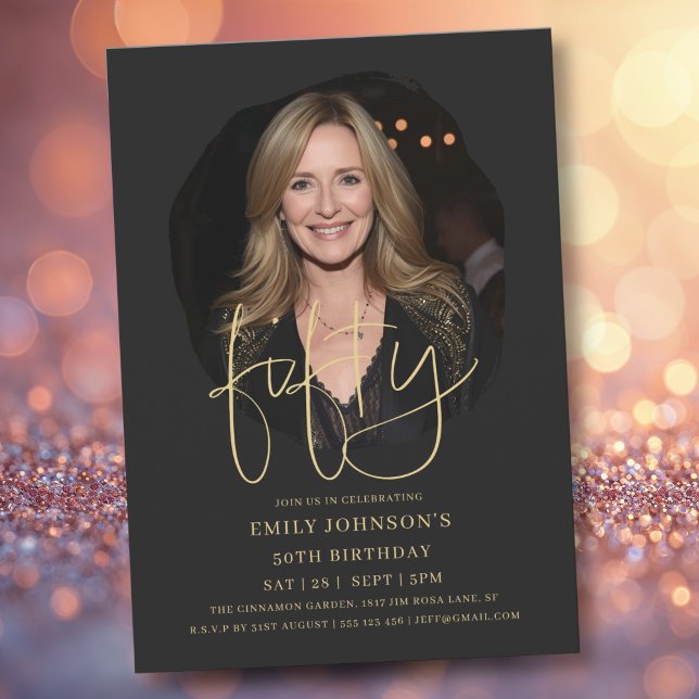 Photo Black and Gold Script 50th Birthday Invitation (Photo Black and Gold Script 50th Birthday Invitation)