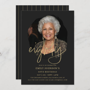 Photo Black and Gold Script 80th Birthday Invitation