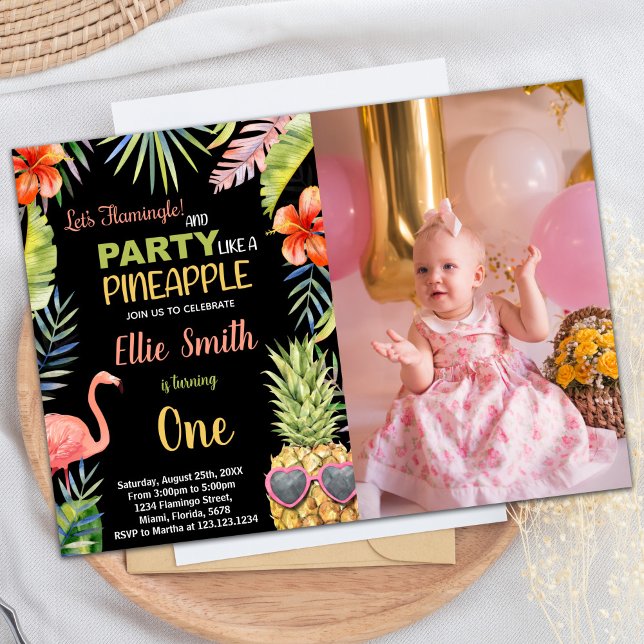 Photo Black Flamingo & Pineapple Birthday Invitation (Photo Black Flamingo & Pineapple Birthday Invitation)