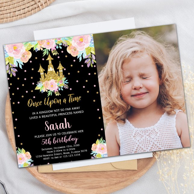 Photo Black Floral Glitter Princess Birthday Invitation (Photo Black Floral Glitter Princess Birthday Invitation)
