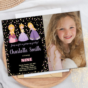 Photo Black Floral Princess Birthday Invitations