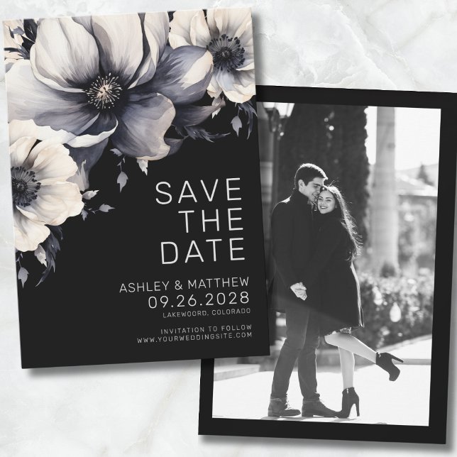 Photo Black Floral Wedding Save The Date (Photo Chic Modern Elegant Black Floral Wedding Save The Date)