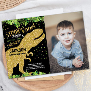 Photo Black Glitter Dinosaur Birthday Invitations