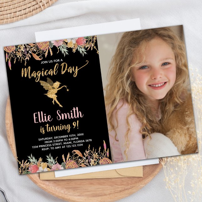 Photo Black Glitter Floral Fairy Birthday Invitation (Photo Black Glitter Floral Fairy Birthday Invitation)