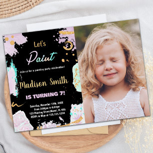 Photo Black Glitter Paint Birthday Invitations