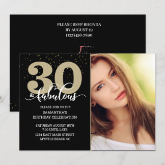 Photo Black Gold 30 and Fabulous Birthday Party Invitation