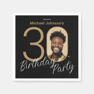 Photo Black Gold 30th Birthday Napkin