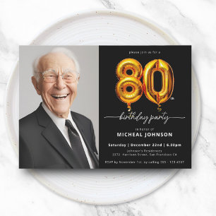 Photo Black Gold 80th Birthday Invitation