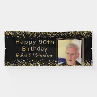 Photo Black Gold 80th Birthday Personalised Banner