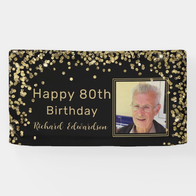 Photo Black Gold 80th Birthday Personalised  Banner (Horizontal)