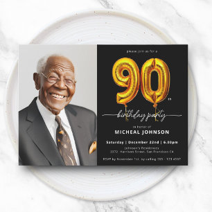 Photo Black Gold 90th Birthday Invitation
