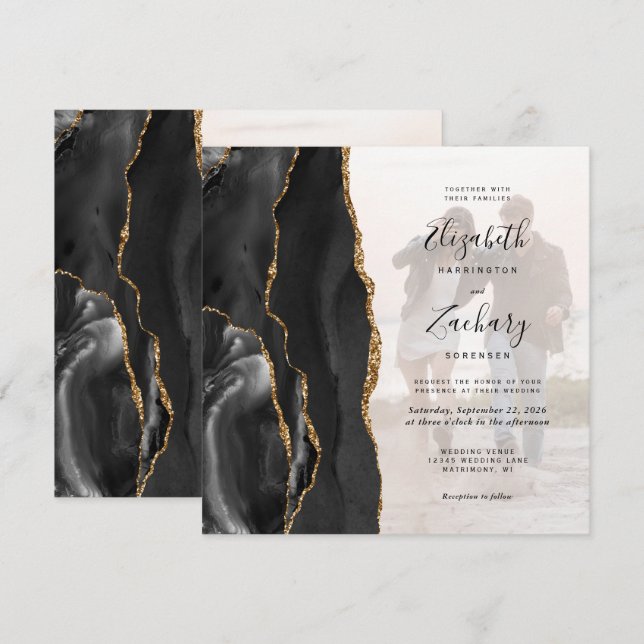 Photo Black Gold Agate Square Wedding Invitation (Front/Back)