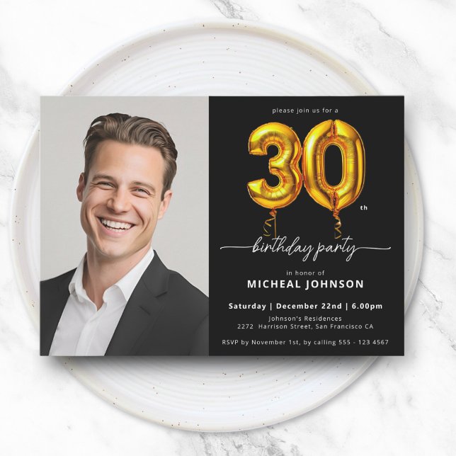 Photo Black Gold Balloon 30th Birthday Invitation (Photo Black Gold Balloon 30th Birthday Invitation)