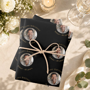 Photo Black Gold Birthday Wrapping Paper Sheet