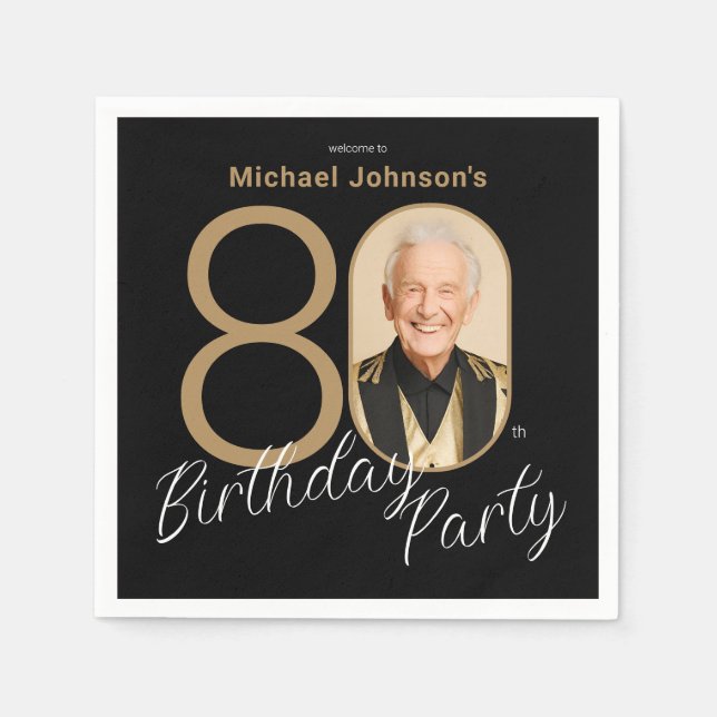 Photo Black Gold Elegant Custom 80th Birthday  Napkin (Front)