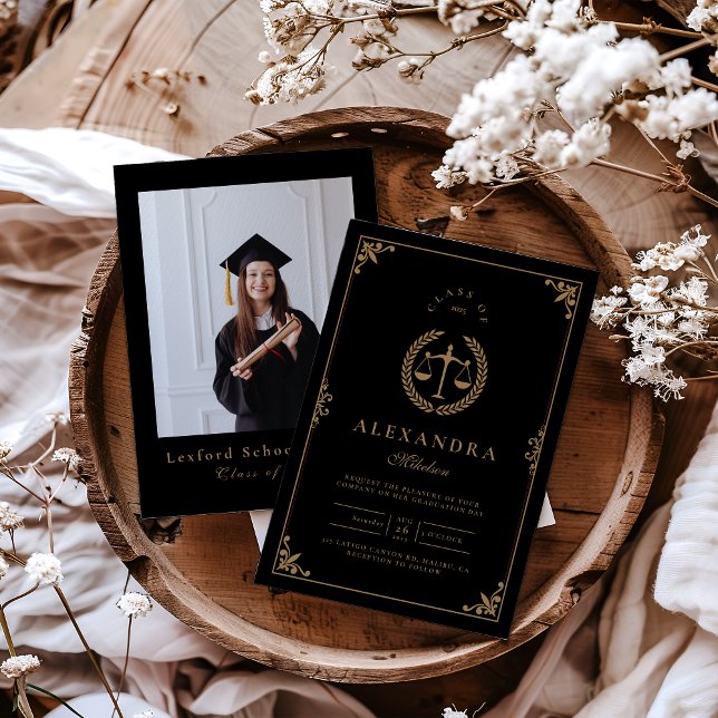 Photo Black Gold Elegant Law School Graduation Invitation (Creator Uploaded)