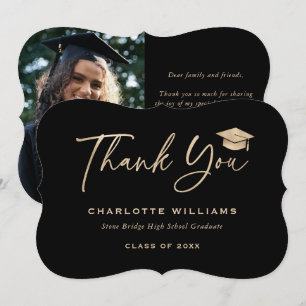 Photo Black Gold Foil Graduation Cap Elegant Thank You Card