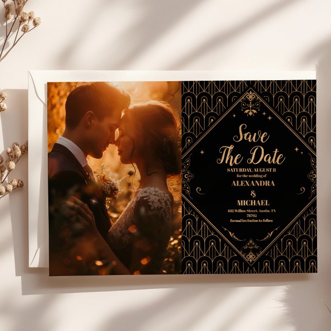 Photo Black Gold Geometric Art Deco Wedding  Save The Date (Creator Uploaded)