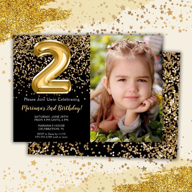 Photo Black Gold Girl 2nd Birthday Party Invitation (Creator Uploaded)