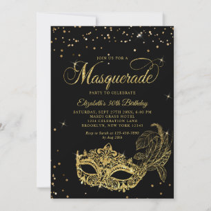 Photo Black Gold Glitter Masquerade Birthday Invitation
