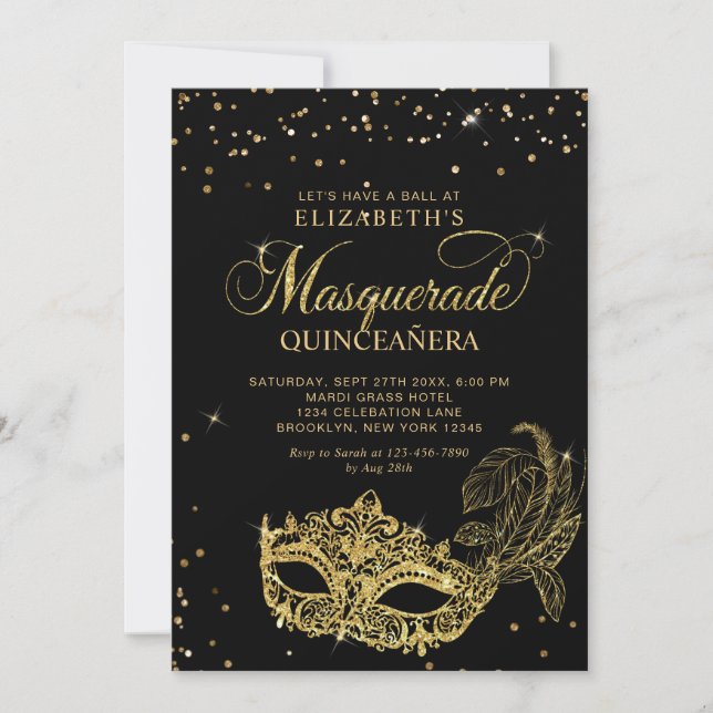 Photo Black Gold Glitter Masquerade Quinceañera Invitation (Front)