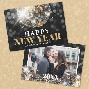 Photo Black Gold Happy New Year Holiday Card