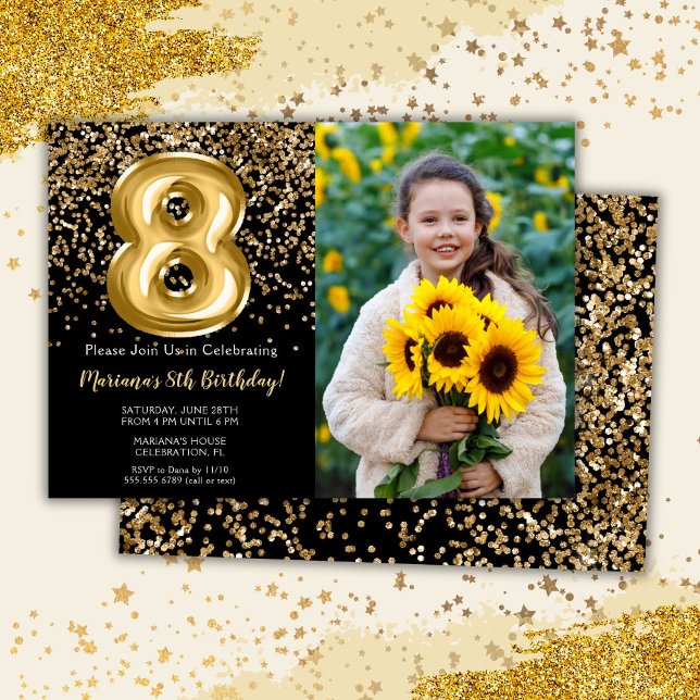 Photo Black Gold Kids 8th Birthday Party Invitation (Creator Uploaded)