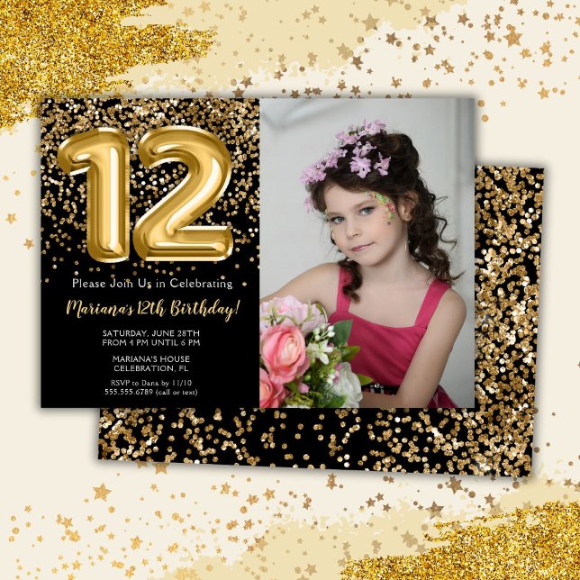 Photo Black Gold Kids Girl 12th Birthday Party Invitation (Creator Uploaded)