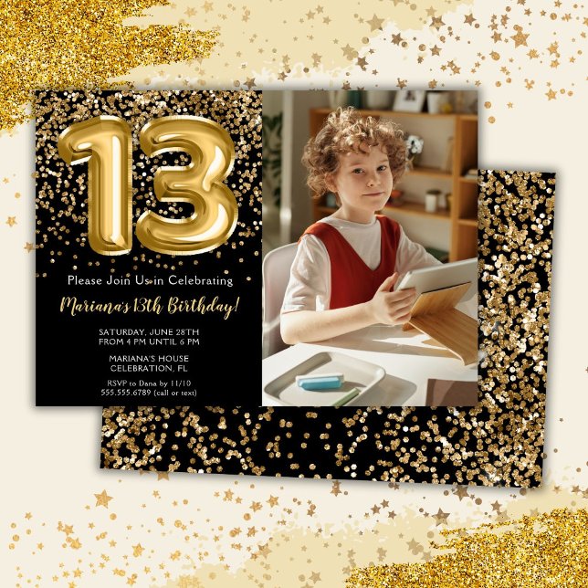 Photo Black Gold Kids Girl 13th Birthday Party Invitation (Creator Uploaded)