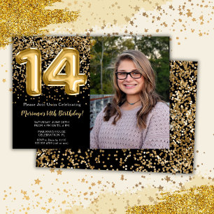 Photo Black Gold Kids Girl 14th Birthday Party Invitation