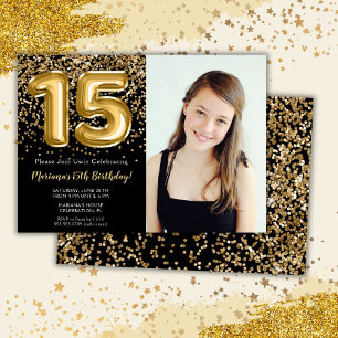 Photo Black Gold Kids Girl 15th Birthday Party Invitation