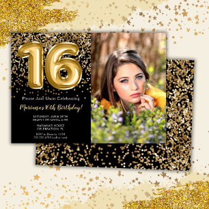 Photo Black Gold Kids Girl 16th Birthday Party Invitation