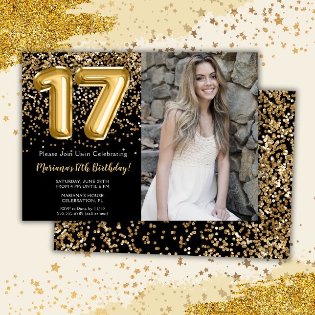 Photo Black Gold Kids Girl 17th Birthday Party Invitation (Creator Uploaded)