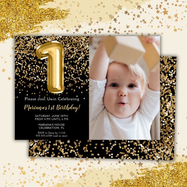 Photo Black Gold Kids Girl 1st Birthday Party Invitation (Creator Uploaded)
