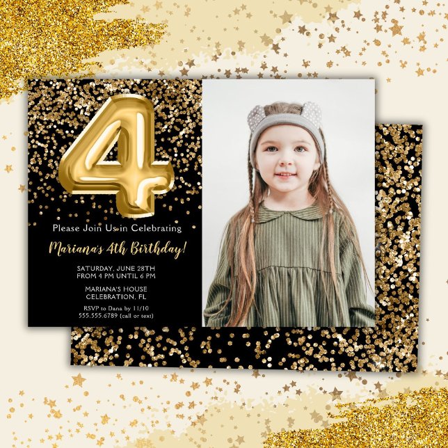 Photo Black Gold Kids Girl 4th Birthday Party Invitation (Creator Uploaded)
